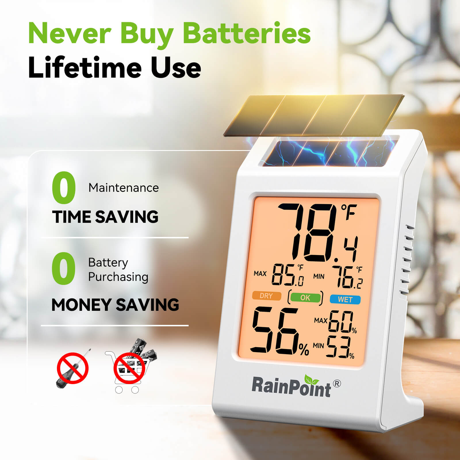 RainPoint Solar Hygrometer – Large Display, Comfort Indicator, Max/Min Memory