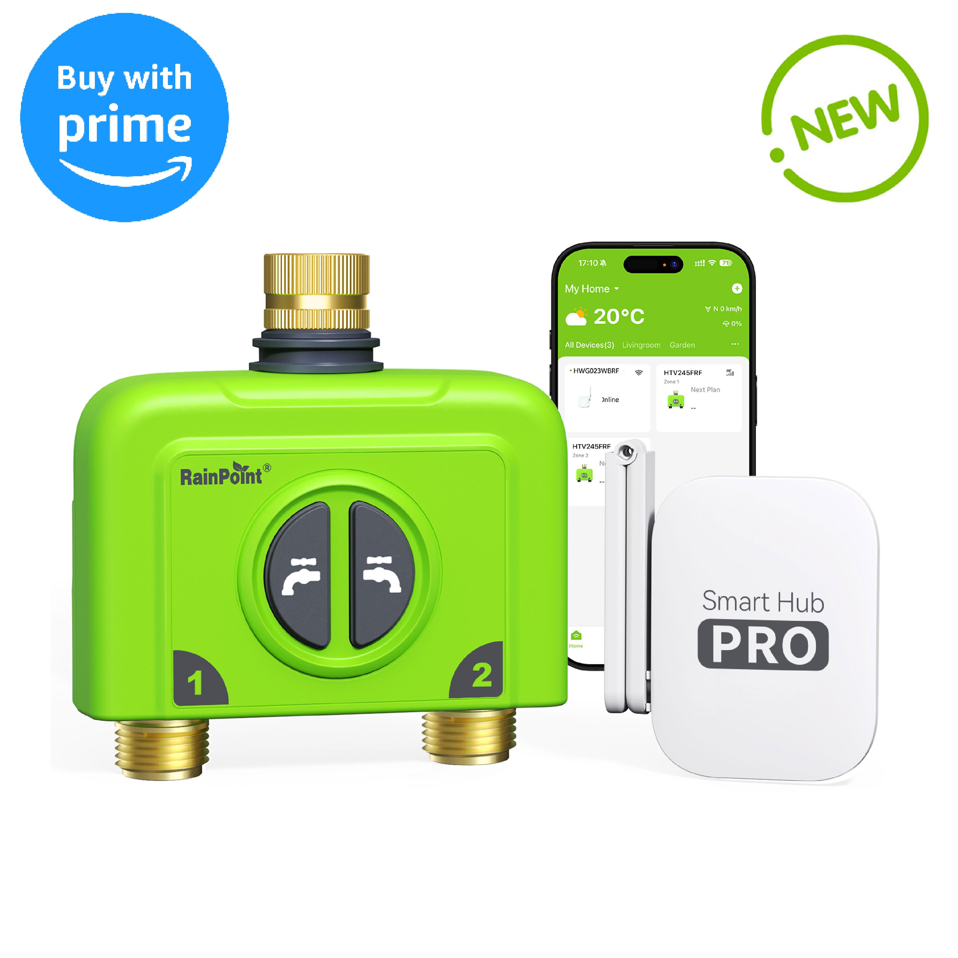 RAINPOINT 2-Zonen Smart WLAN Bewässerungsuhr mit Messing-Einlass & Auslass