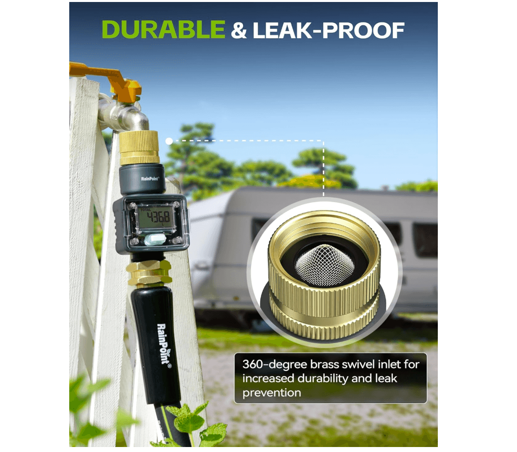 RAINPOINT Water Flow Meter with Brass Inlet, Garden Hose Watering, Lawn Sprinkler & Nozzle Sprayer