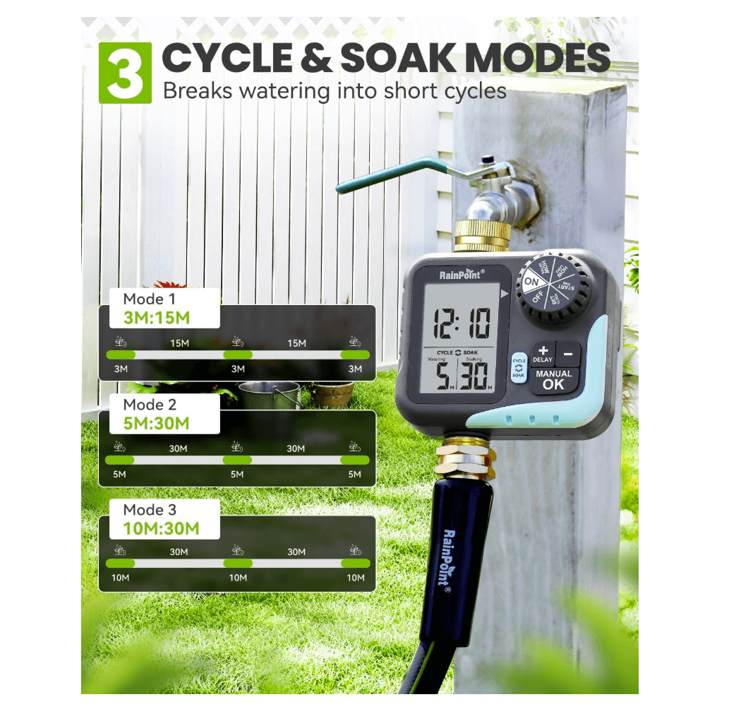 RAINPOINT Sprinkler Timer for Garden Hose - Hose Timer with Cycle & Soak, Brass Inlet & Outlet