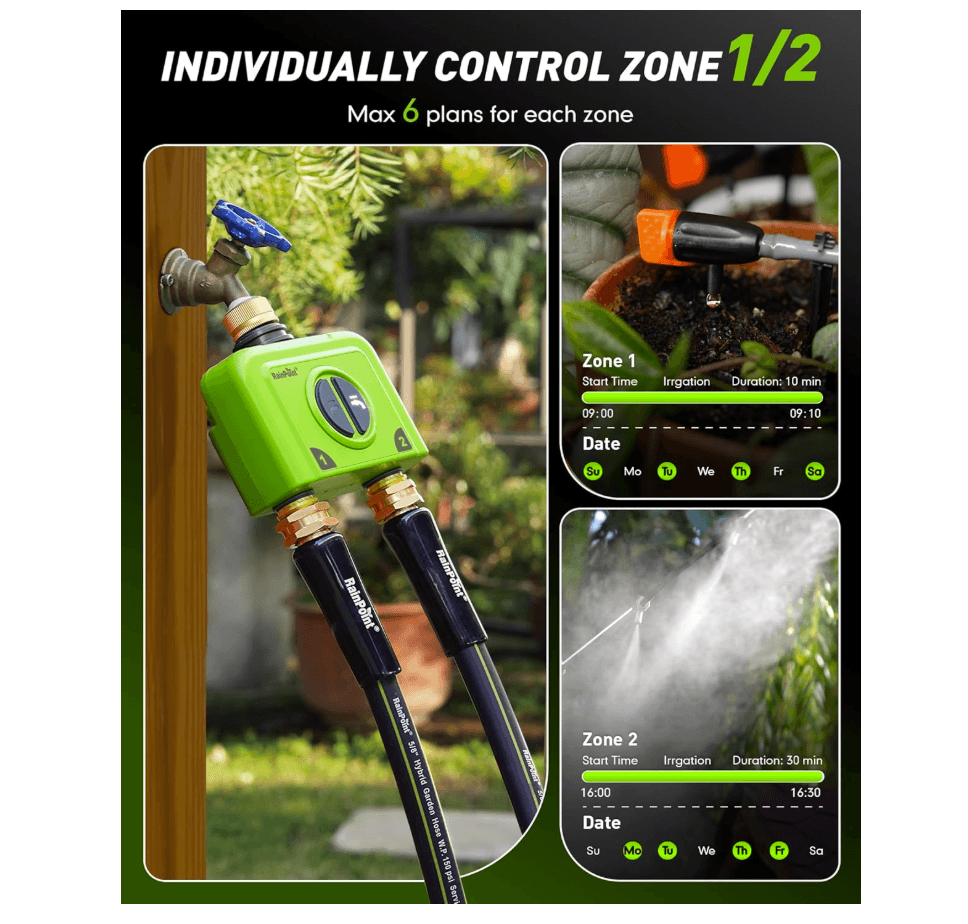 RAINPOINT 2 Zone WiFi Water Timer for Garden Hose(Brass Inlet & Outlet, Ethernet Gateway)