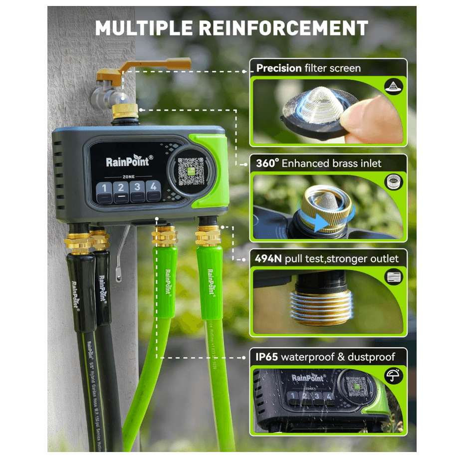 RAINPOINT WiFi Sprinkler Timer 4 Zone, Outdoor Smart Water Timer for Garden Hose with Brass Inlet & Outlet