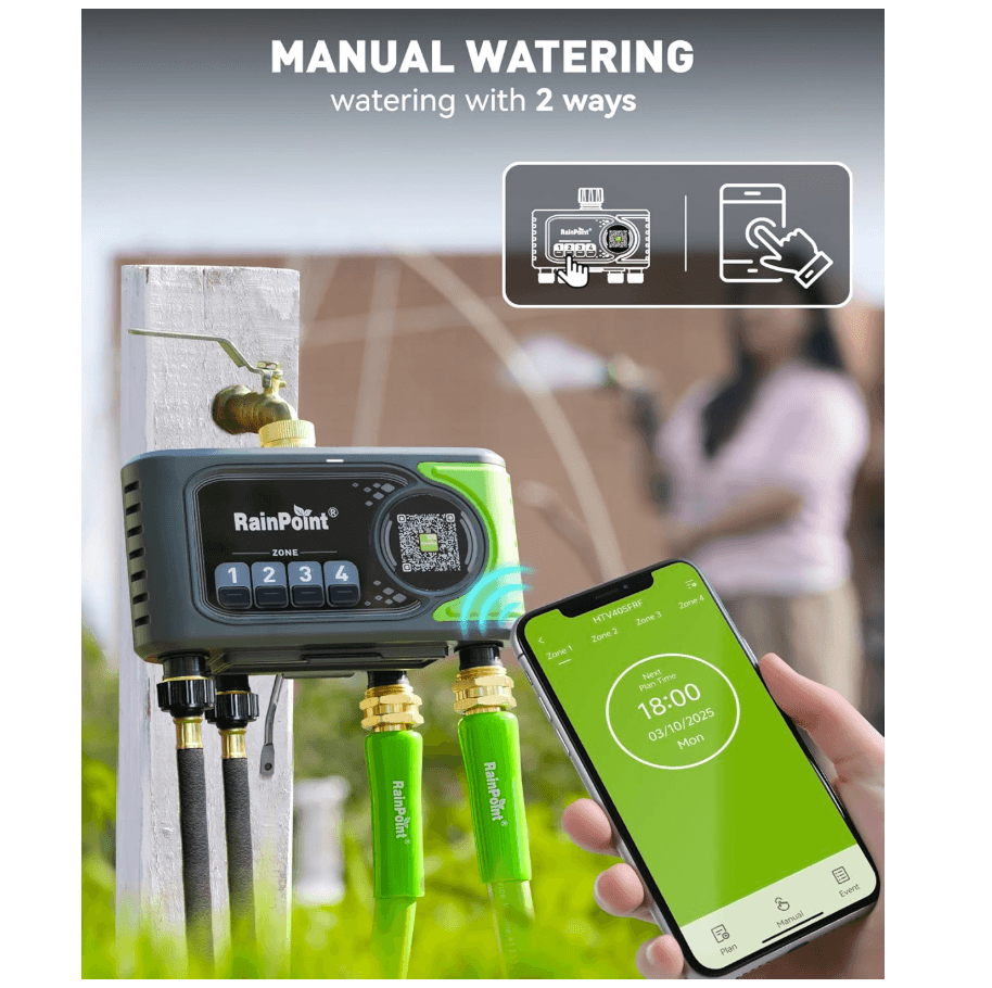 RAINPOINT WiFi Sprinkler Timer 4 Zone, Outdoor Smart Water Timer for Garden Hose with Brass Inlet & Outlet