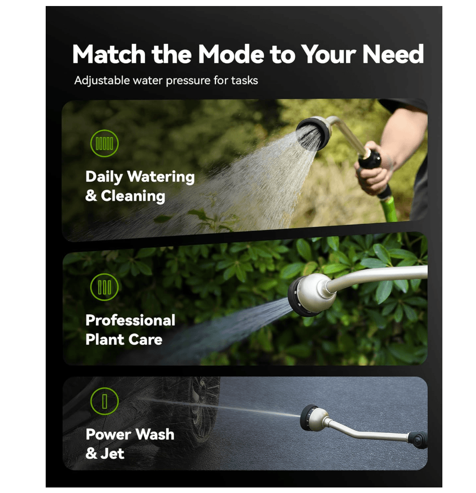 RAINPOINT 16" Metal Watering Wand – 9 Spray Patterns, Garden Hose Nozzle(Black)
