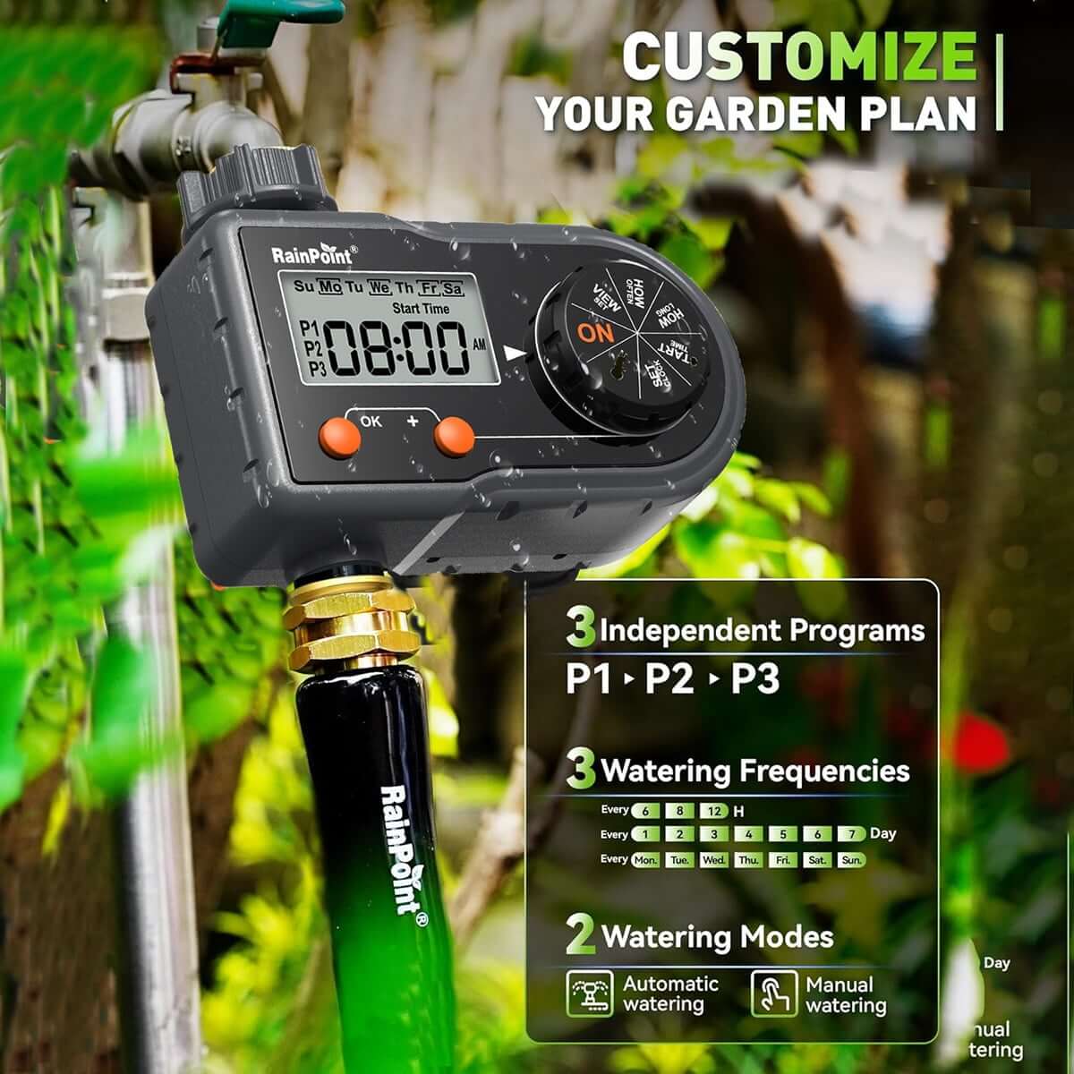2er-Pack RainPoint Programmierbares automatisches/manuelles Bewässerungssystem, 1 Ausgang