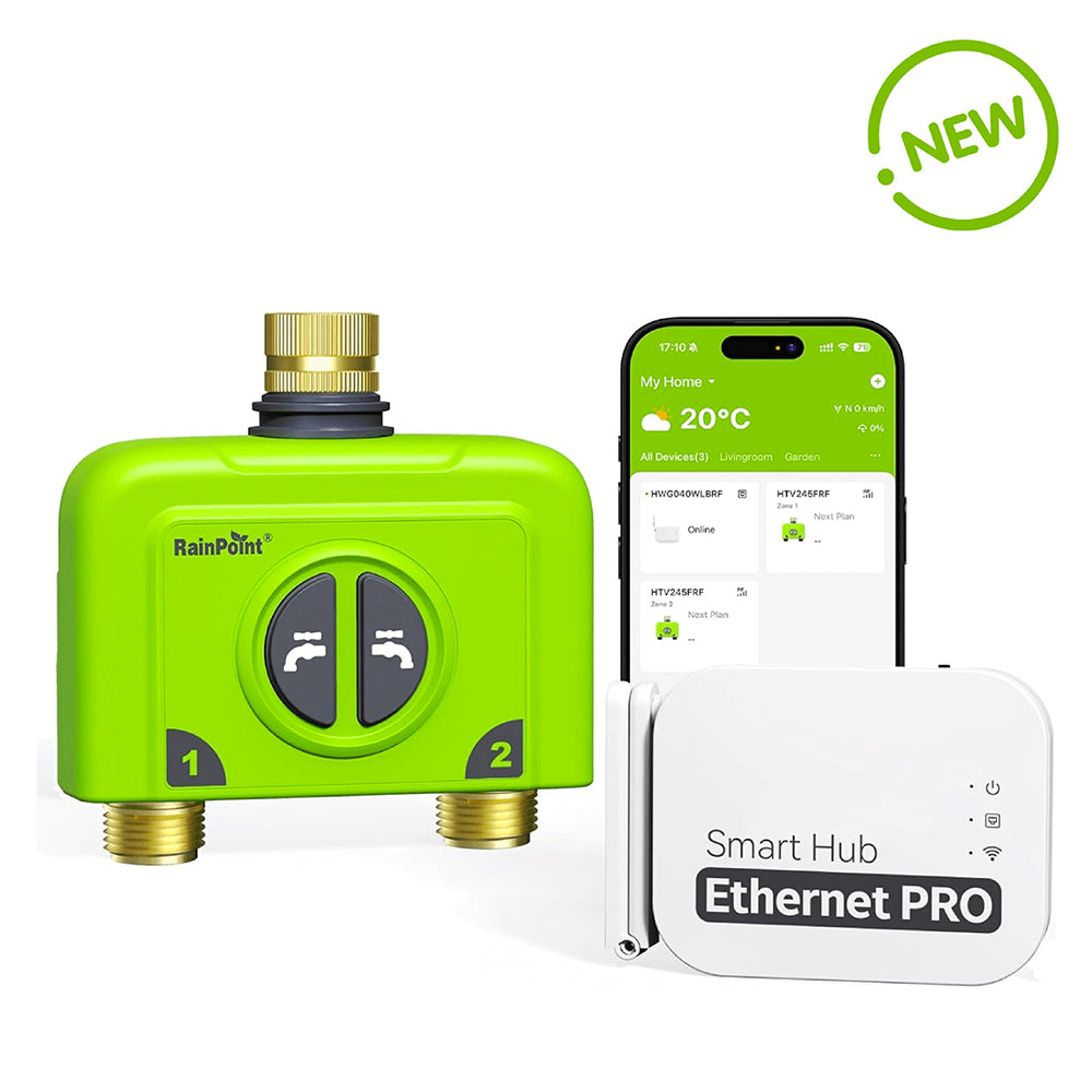 RAINPOINT 2 Zone  WiFi Water Timer for Garden Hose(Brass Inlet & Outlet, Ethernet Gateway)