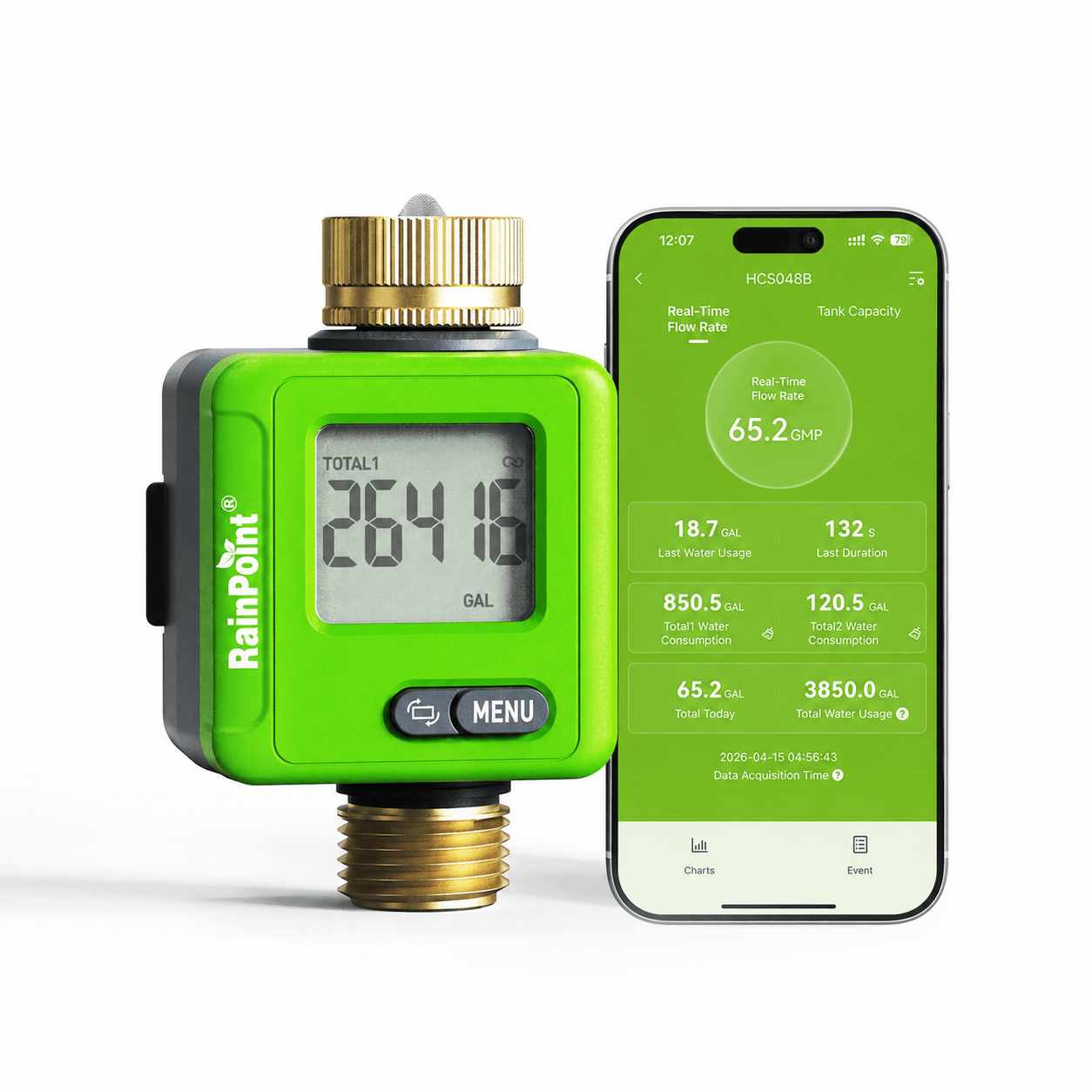 RainPoint Smart Bluetooth Water Flow Meter with Brass Fittings