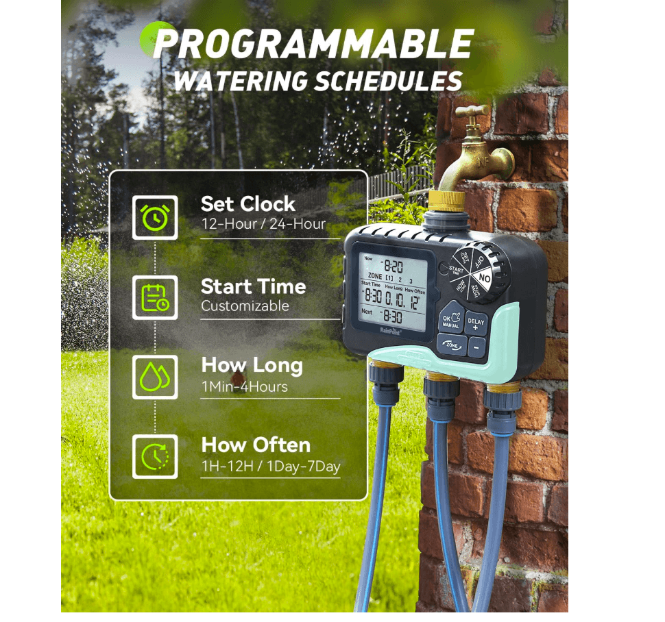 RAINPOINT 3 Zone Water Timer with Brass Inlet &amp; Outlet