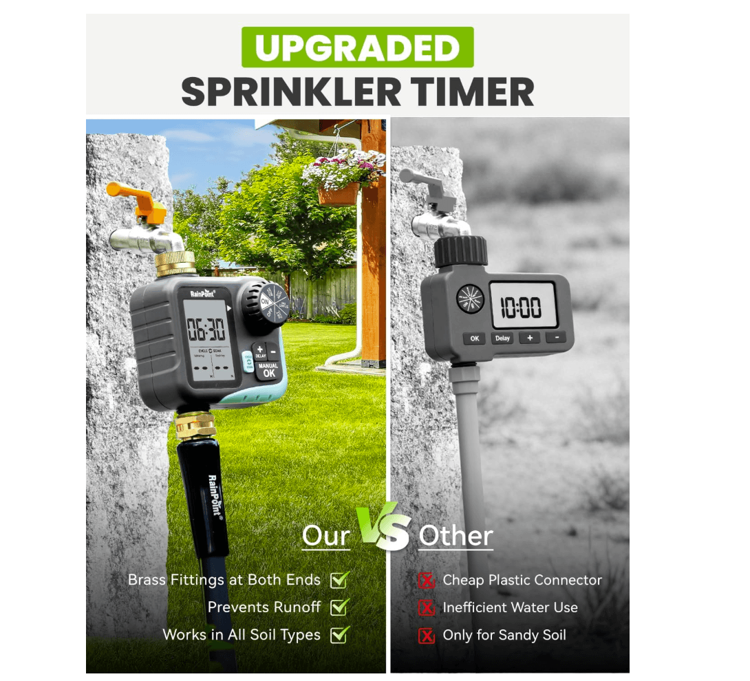 RAINPOINT Sprinkler Timer for Garden Hose - Hose Timer with Cycle &amp; Soak, Brass Inlet &amp; Outlet