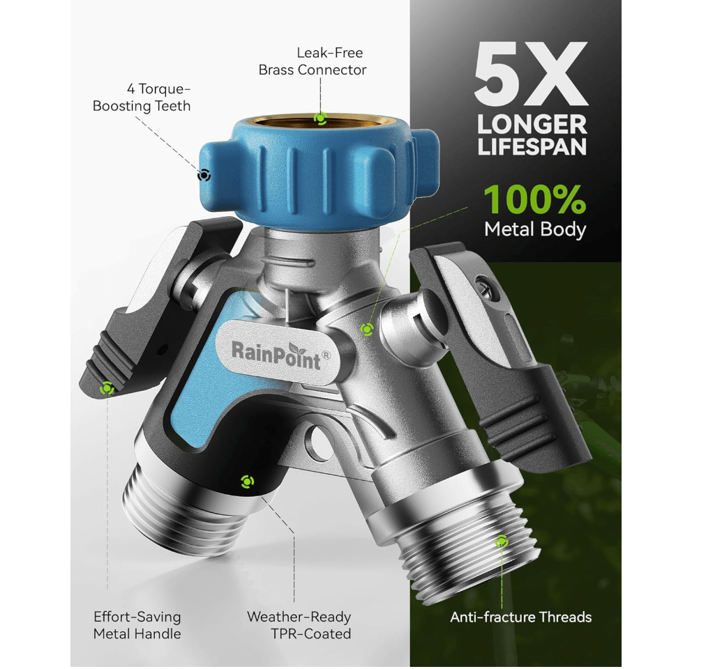 RAINPOINT Garden Hose Splitter 2 Way – All Metal Heavy Duty Water Y Splitter (Blue)