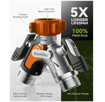 RAINPOINT Garden Hose Splitter 2 Way – All Metal Heavy Duty Water Y Splitter(Orange)